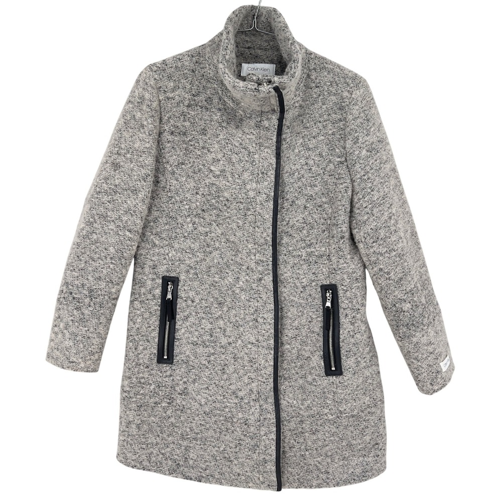Calvin Klein Womens L Wool Blend Boucle Coat Gray Leather Trim Zip Funnel Neck